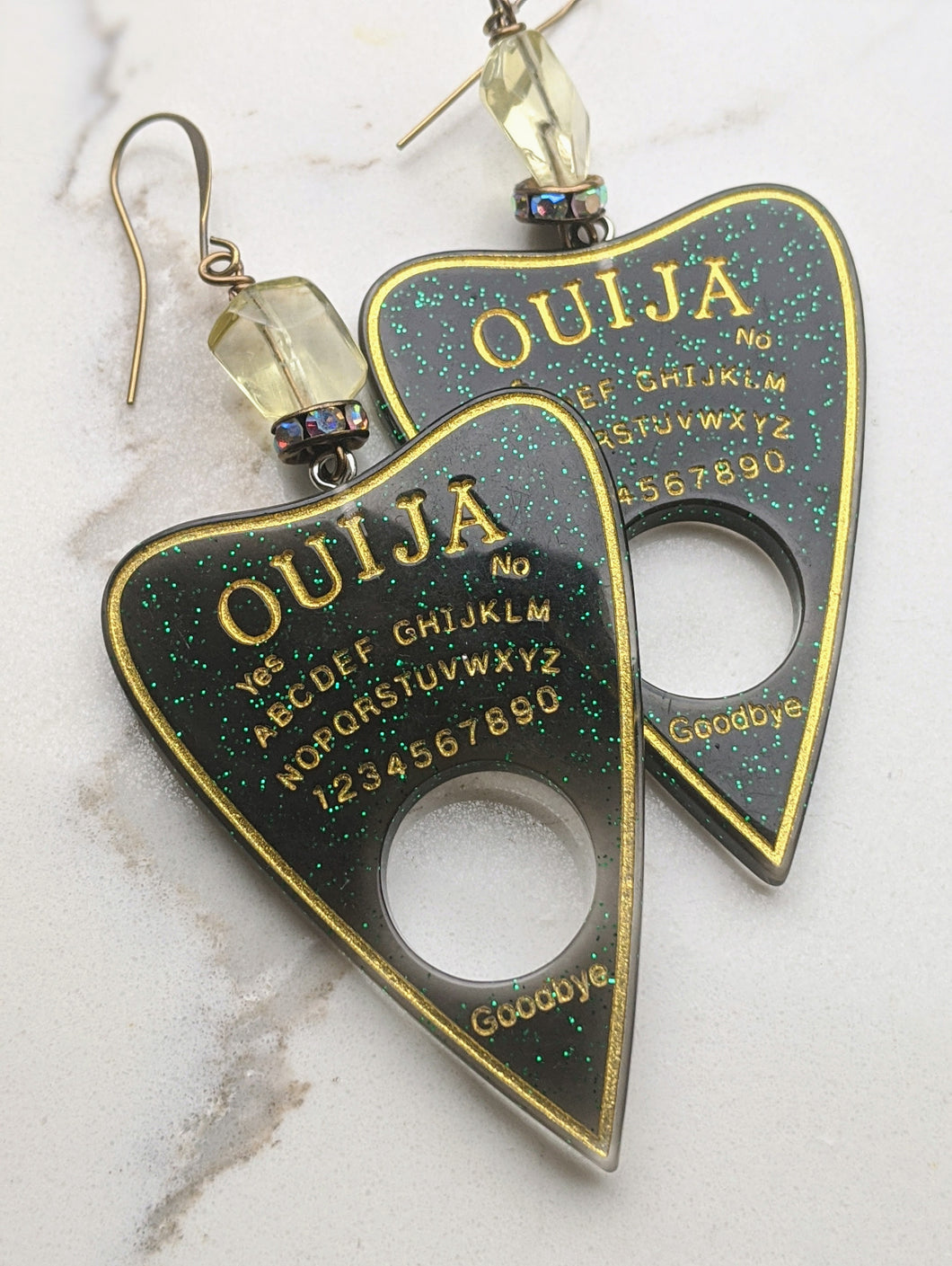Ouija Planchette Earrings - citrine and rhinestones - Minxes' Trinkets