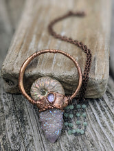 Load image into Gallery viewer, Mermaid Amulet - Ammonite and Aura-coated Spirit Quartz and Moonstone and Amethyst - Minxes&#39; Trinkets