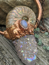 Load image into Gallery viewer, Mermaid Amulet - Ammonite and Aura-coated Spirit Quartz and Moonstone and Amethyst - Minxes&#39; Trinkets