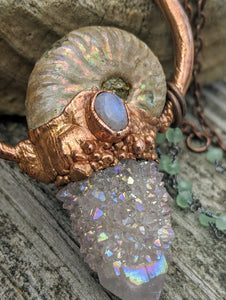 Mermaid Amulet - Ammonite and Aura-coated Spirit Quartz and Moonstone and Amethyst - Minxes' Trinkets