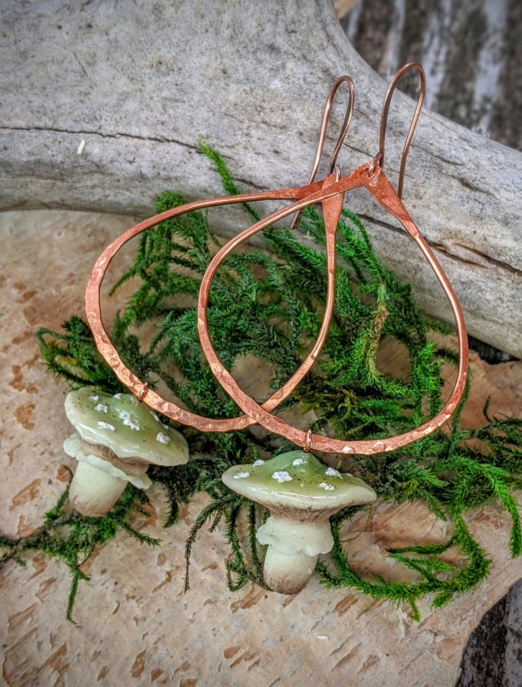 Green Amanita Mushroom & Copper Earrings - #2