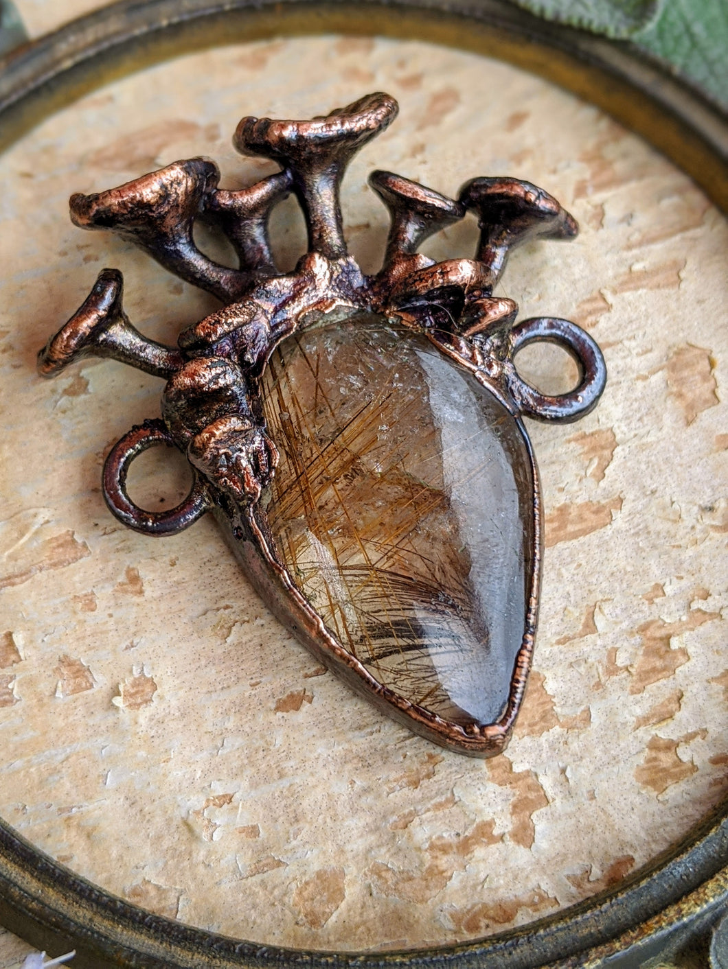 Golden Rutilated Quartz Encrusted with Mushrooms Copper Electroformed Statement Necklace - 1