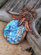 Load image into Gallery viewer, Gigantic Labradorite with Art Nouveau Moth / Scarab - Copper Electroformed Statement Necklace