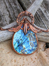Load image into Gallery viewer, Gigantic Labradorite with Art Nouveau Moth / Scarab - Copper Electroformed Statement Necklace