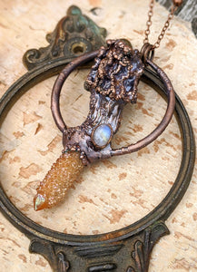 Morel Mushroom Electroformed Necklace with Moonstone and Sunset Spirit Quartz