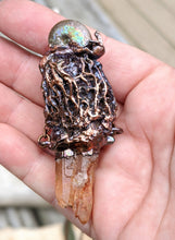 Load image into Gallery viewer, Morel Mushroom Electroformed Necklace with Tangerine Quartz and Ammonite Snail Friend