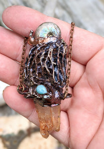 Morel Mushroom Electroformed Necklace with Tangerine Quartz and Ammonite Snail Friend