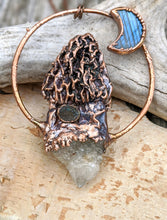 Load image into Gallery viewer, Morel Mushroom Electroformed Necklace with Druzy Quartz Point and Labradorite Moon