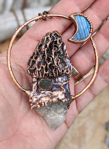 Morel Mushroom Electroformed Necklace with Druzy Quartz Point and Labradorite Moon