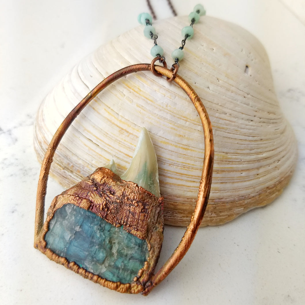 Shark's Tooth and Druzy Labradorite II - Copper Electroformed Necklace - Minxes' Trinkets
