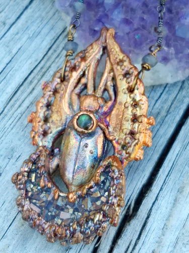 Egyptian Scarab and Druzy Moon Electroformed Necklace - Minxes' Trinkets