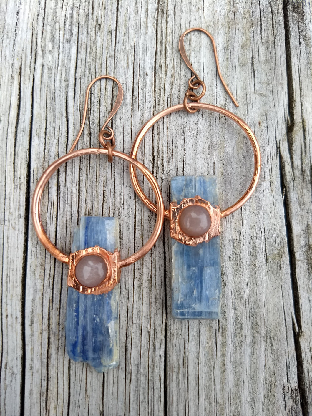 Copper Electroformed Blue Kyanite Earrings with Peach Moonstone - Minxes' Trinkets