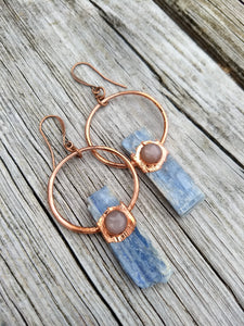 Copper Electroformed Blue Kyanite Earrings with Peach Moonstone - Minxes' Trinkets