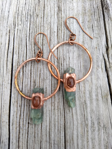 Copper Electroformed Green Kyanite Earrings with Sunstone - Minxes' Trinkets