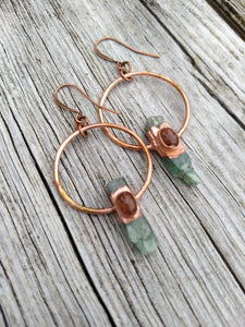 Copper Electroformed Green Kyanite Earrings with Sunstone - Minxes' Trinkets
