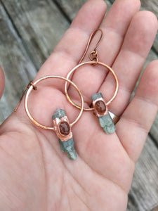 Copper Electroformed Green Kyanite Earrings with Sunstone - Minxes' Trinkets