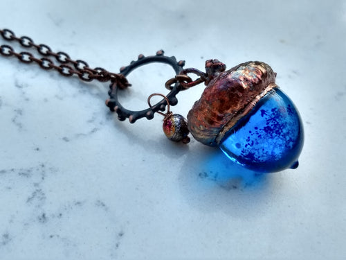 Electroformed Lampworked Glass Acorn - Dappled Cerulean Blue - Minxes' Trinkets