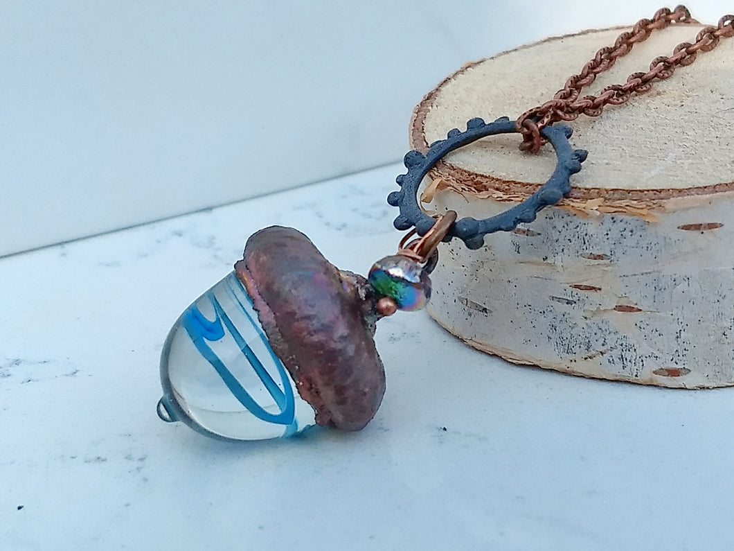 Electroformed Lampworked Glass Acorn - Aqua Swirl - Minxes' Trinkets