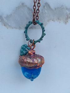 Electroformed Lampworked Glass Acorn - Dappled Caribbean Blue - Minxes' Trinkets