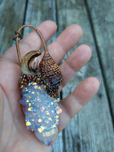Mermaid Amulet - Electroformed Aura Quartz, Druzy Moon, and Ammonite - Minxes' Trinkets