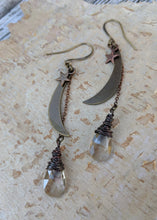 Load image into Gallery viewer, Moon and Star Earrings with Smokey Crystal Briolettes - Minxes&#39; Trinkets