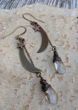 Load image into Gallery viewer, Moon and Star Earrings with Smokey Crystal Briolettes - Minxes&#39; Trinkets