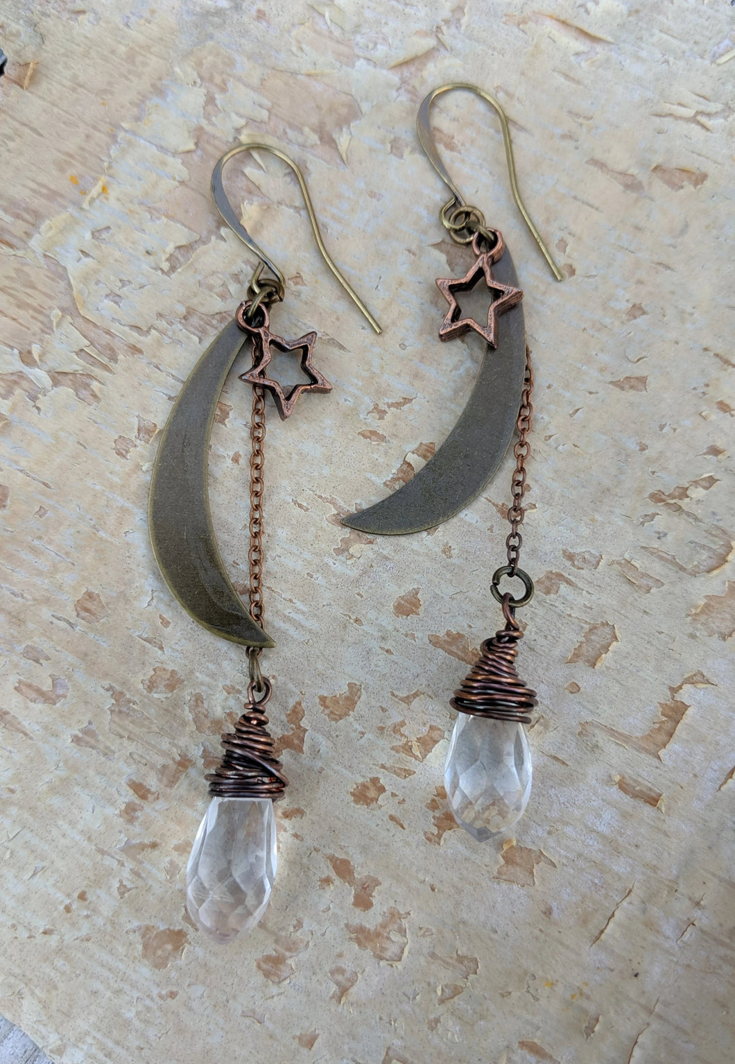 Moon and Star Earrings with Clear Crystal Briolettes - Minxes' Trinkets