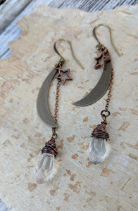 Moon and Star Earrings with Clear Crystal Briolettes - Minxes' Trinkets