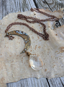 Simple Moon Long Necklace with Clear Briolette - Minxes' Trinkets