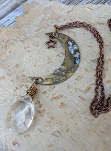 Simple Moon Long Necklace with Clear Briolette - Minxes' Trinkets