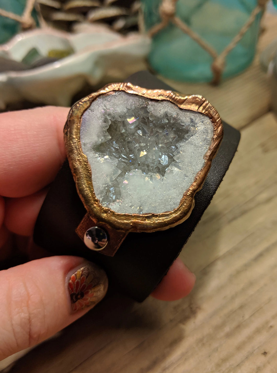 Leather Cuff with Electroformed White Druzy - Minxes' Trinkets