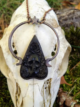 Load image into Gallery viewer, Electroformed Skull and Roses Bone Planchette Necklace - Minxes&#39; Trinkets
