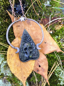 Electroformed Skull and Roses Bone Planchette Necklace - Minxes' Trinkets