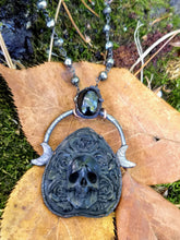 Load image into Gallery viewer, Electroformed Skull and Roses Bone Planchette Necklace with Black Diopside II - Minxes&#39; Trinkets