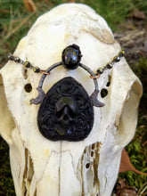 Load image into Gallery viewer, Electroformed Skull and Roses Bone Planchette Necklace with Black Diopside II - Minxes&#39; Trinkets