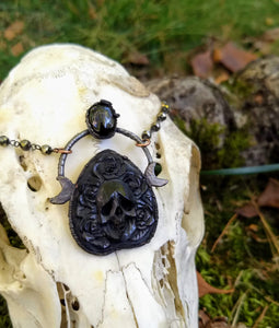 Electroformed Skull and Roses Bone Planchette Necklace with Black Diopside II - Minxes' Trinkets