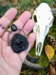 Electroformed Skull and Roses Bone Planchette Necklace with Black Diopside II - Minxes' Trinkets