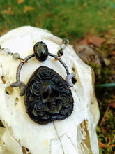 Load image into Gallery viewer, Electroformed Skull and Roses Bone Planchette Necklace with Black Diopside I - Minxes&#39; Trinkets