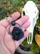 Load image into Gallery viewer, Electroformed Skull and Roses Bone Planchette Necklace with Black Diopside I - Minxes&#39; Trinkets