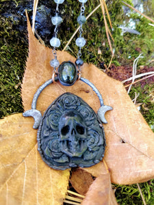 Electroformed Skull and Roses Bone Planchette Necklace with Black Diopside I - Minxes' Trinkets