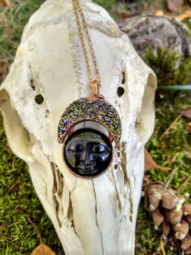 Copper Electroformed Druzy and Bone Moons Necklace I - Minxes' Trinkets