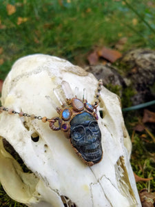 Electroformed Quartz-Crowned Labradorite Skull Necklace - Lakhesis - Minxes' Trinkets