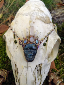 Electroformed Quartz-Crowned Labradorite Skull Necklace - Lakhesis - Minxes' Trinkets