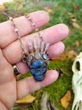 Load image into Gallery viewer, Electroformed Quartz-Crowned Labradorite Skull Necklace - Lakhesis - Minxes&#39; Trinkets
