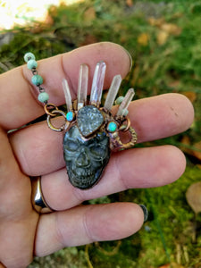 Electroformed Quartz-Crowned Labradorite Skull Necklace - Klotho - Minxes' Trinkets