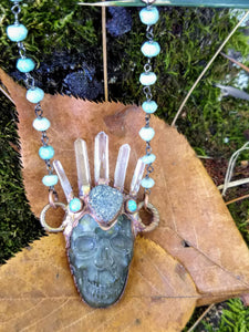 Electroformed Quartz-Crowned Labradorite Skull Necklace - Klotho - Minxes' Trinkets
