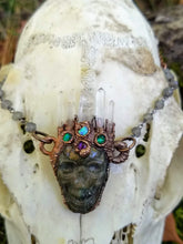 Load image into Gallery viewer, Electroformed Quartz-Crowned Labradorite Skull Necklace - Atropos - Minxes&#39; Trinkets