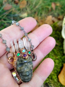 Electroformed Quartz-Crowned Labradorite Skull Necklace - Atropos - Minxes' Trinkets