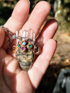 Electroformed Quartz-Crowned Labradorite Skull Necklace - Atropos - Minxes' Trinkets