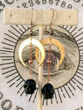 Load image into Gallery viewer, Carved Black Skull and Crescent Moon Earrings II - Minxes&#39; Trinkets